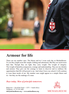 Michaelhouse advertisement headlined Armour for life